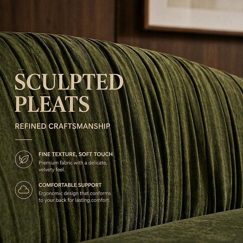 Arcadia olive green velvet upholstery and sculpted pleat detail