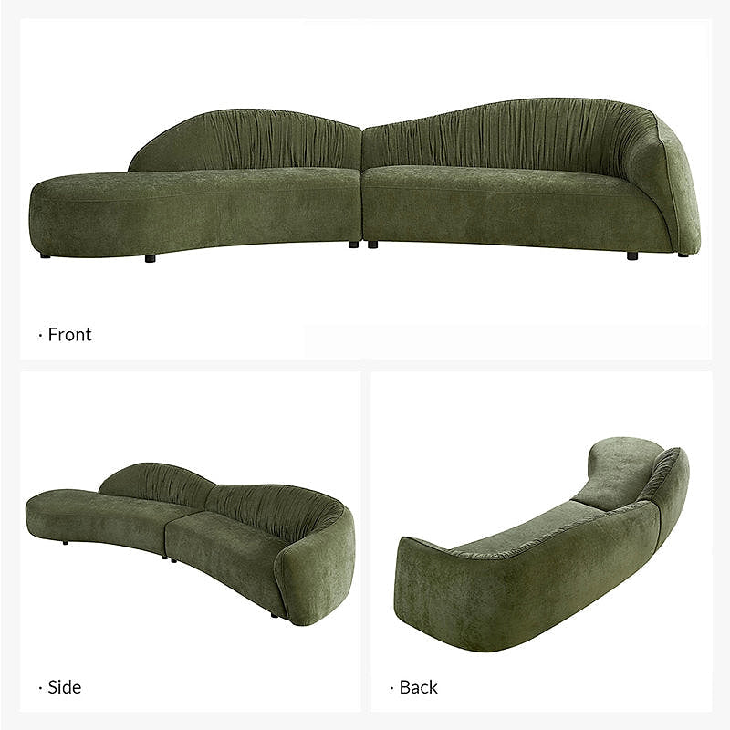 Arcadia curved sectional shown from the front, side and rear