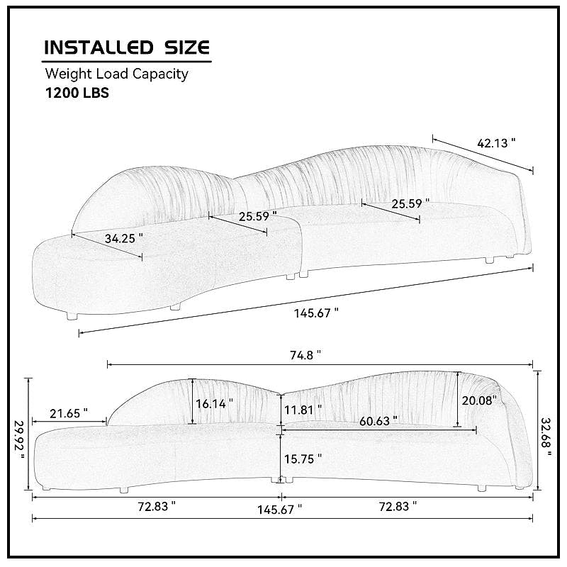 Arcadia curved sectional dimension diagram, 145.67 inches wide