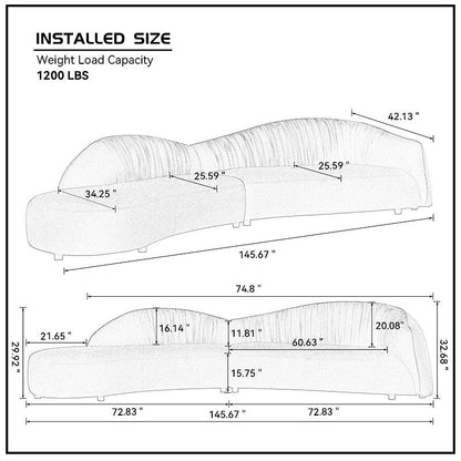 Arcadia curved sectional dimension diagram, 145.67 inches wide