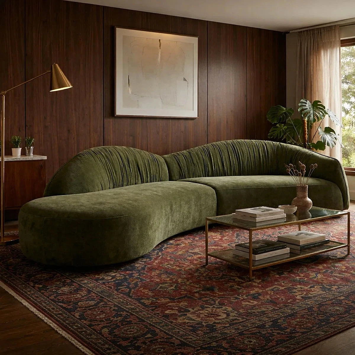 Arcadia olive green curved sectional in a wood-paneled living room