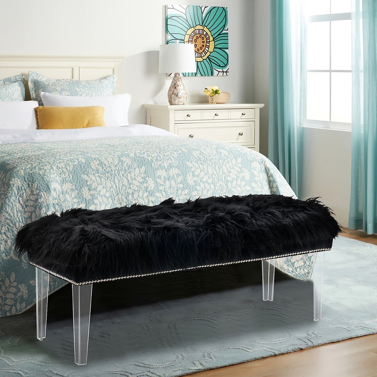 Black Faux-Fur Bench with Clear Acrylic Legs