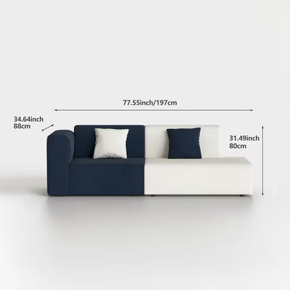 Navy and Ivory Color-Block Sofa — supplier dimension diagram.
