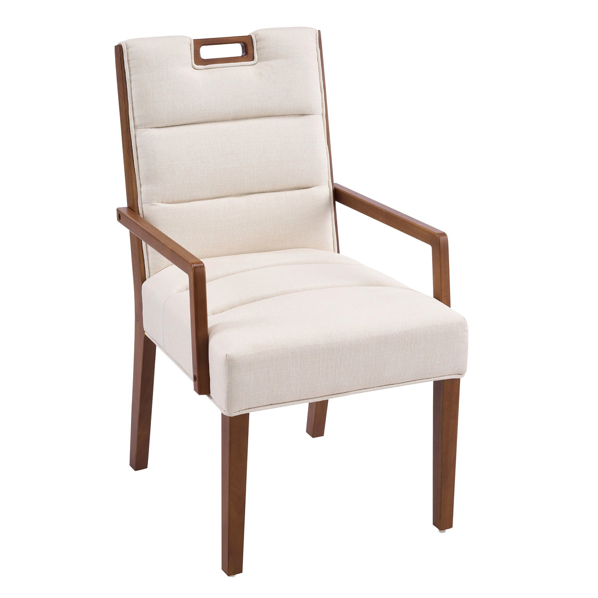 Walnut finish beige upholstered dining armchair with a rubberwood frame