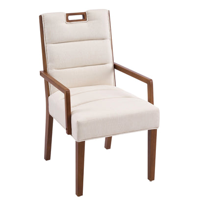 Walnut finish beige upholstered dining armchair with a rubberwood frame