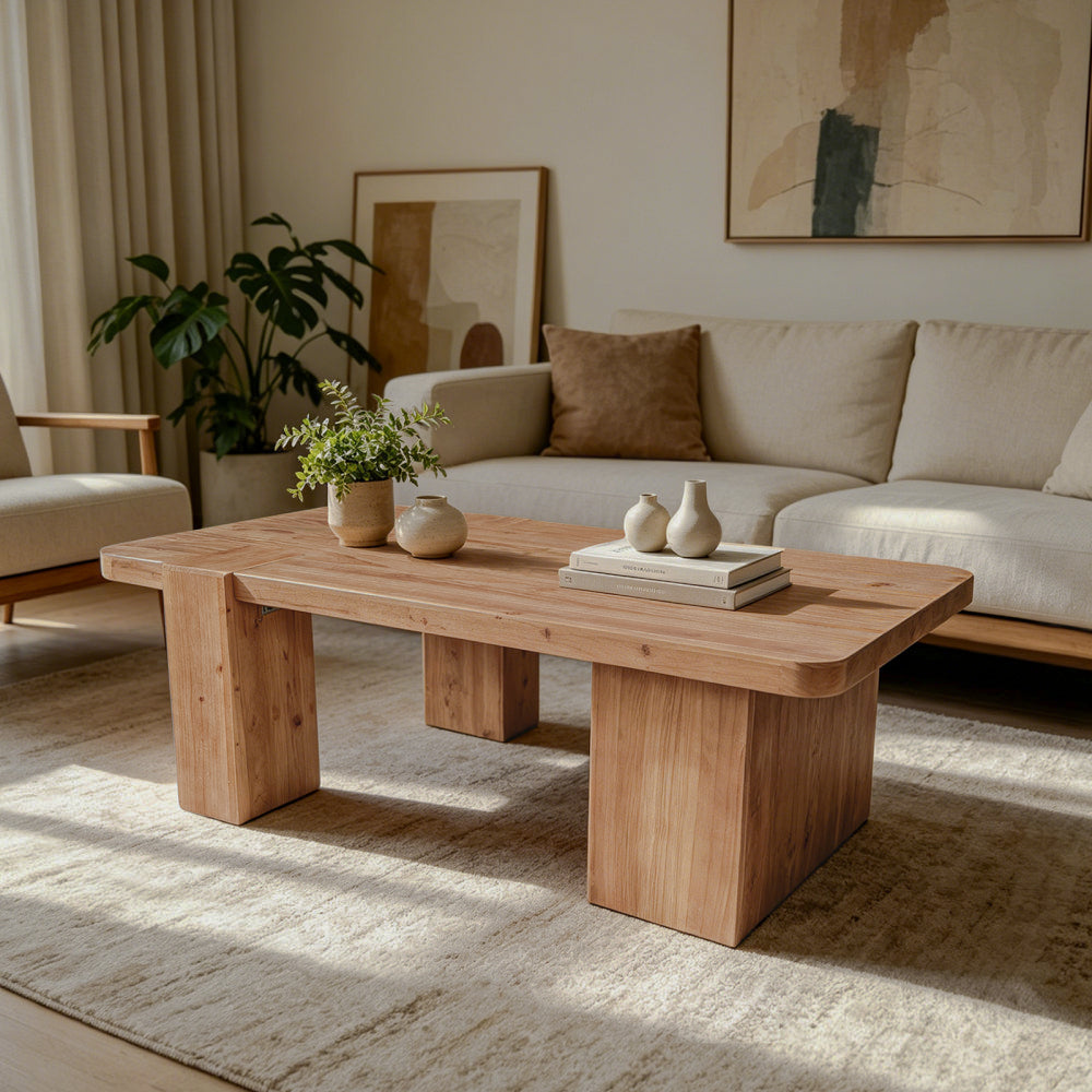Block-leg rectangular coffee table viewed from the front
