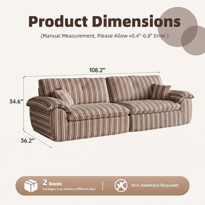 Wren Green Striped Deep-Seat Cloud Sofa — brown colorway supplier dimensions for reference; green option measurements require confirmation