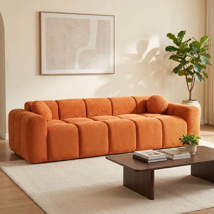 98-Inch Corduroy Low-Profile Sofa — tangerine front view in a living room