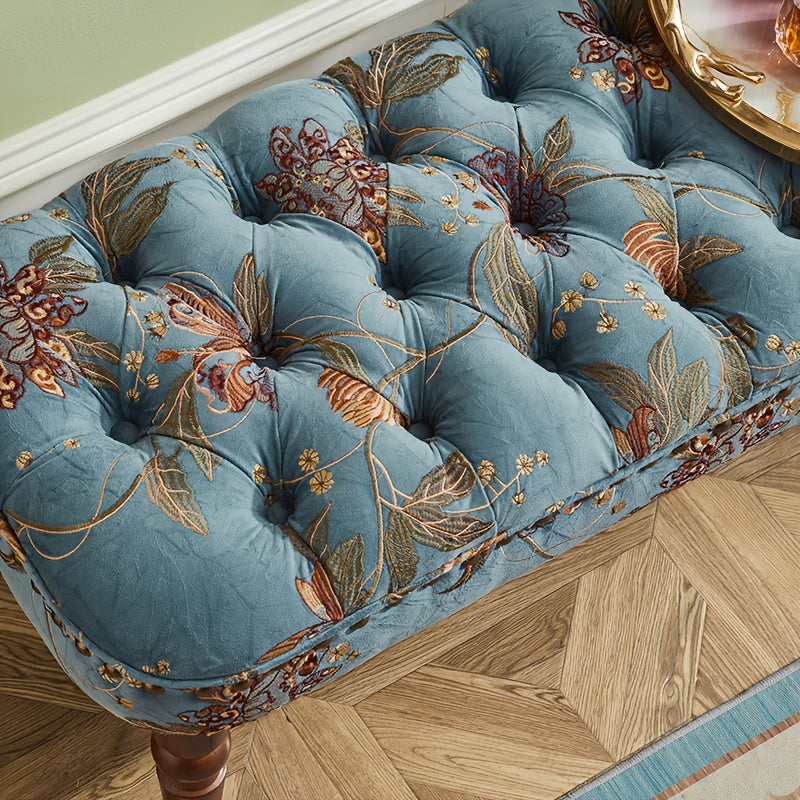 Top view of blue floral button tufting