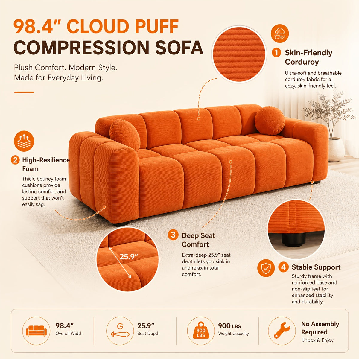 98-Inch Corduroy Low-Profile Sofa — corduroy, foam and low-seat feature panel