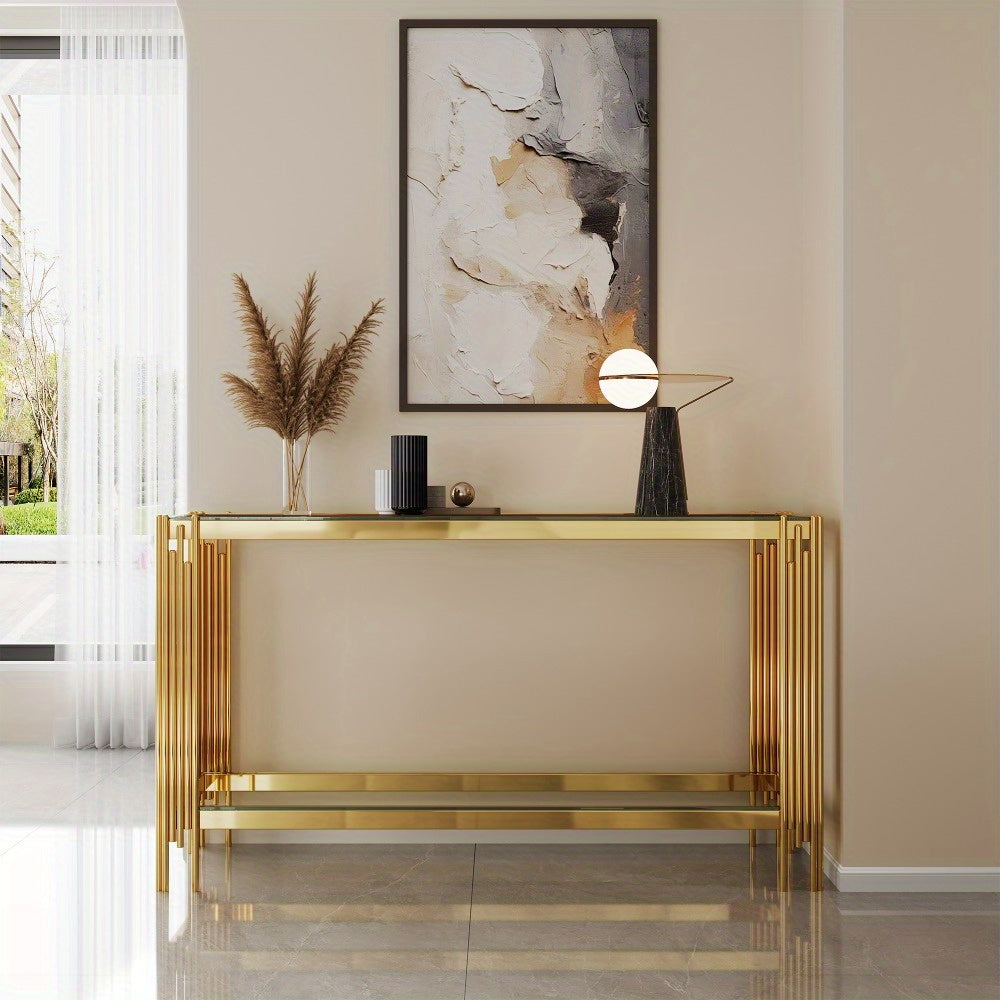 Front room view of the gold reeded-leg console beneath abstract artwork