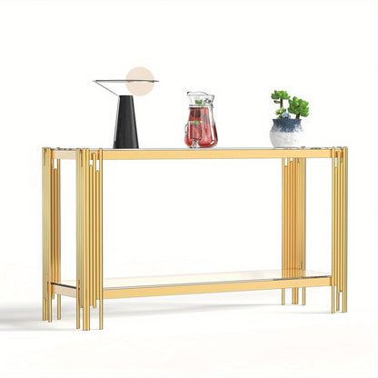 Front product view of the gold console with glass surfaces and grouped corner rods