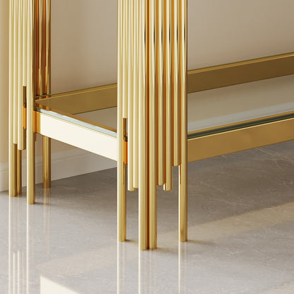 Close view of the console lower shelf frame and long gold-tone rod legs
