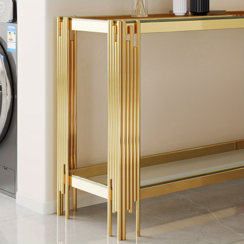 Close view of the gold console corner rods, reflective top edge and lower shelf