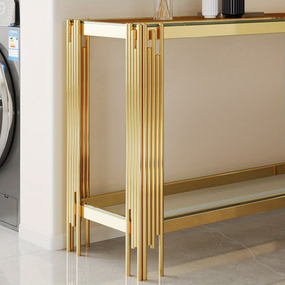 Close view of the gold console corner rods, reflective top edge and lower shelf