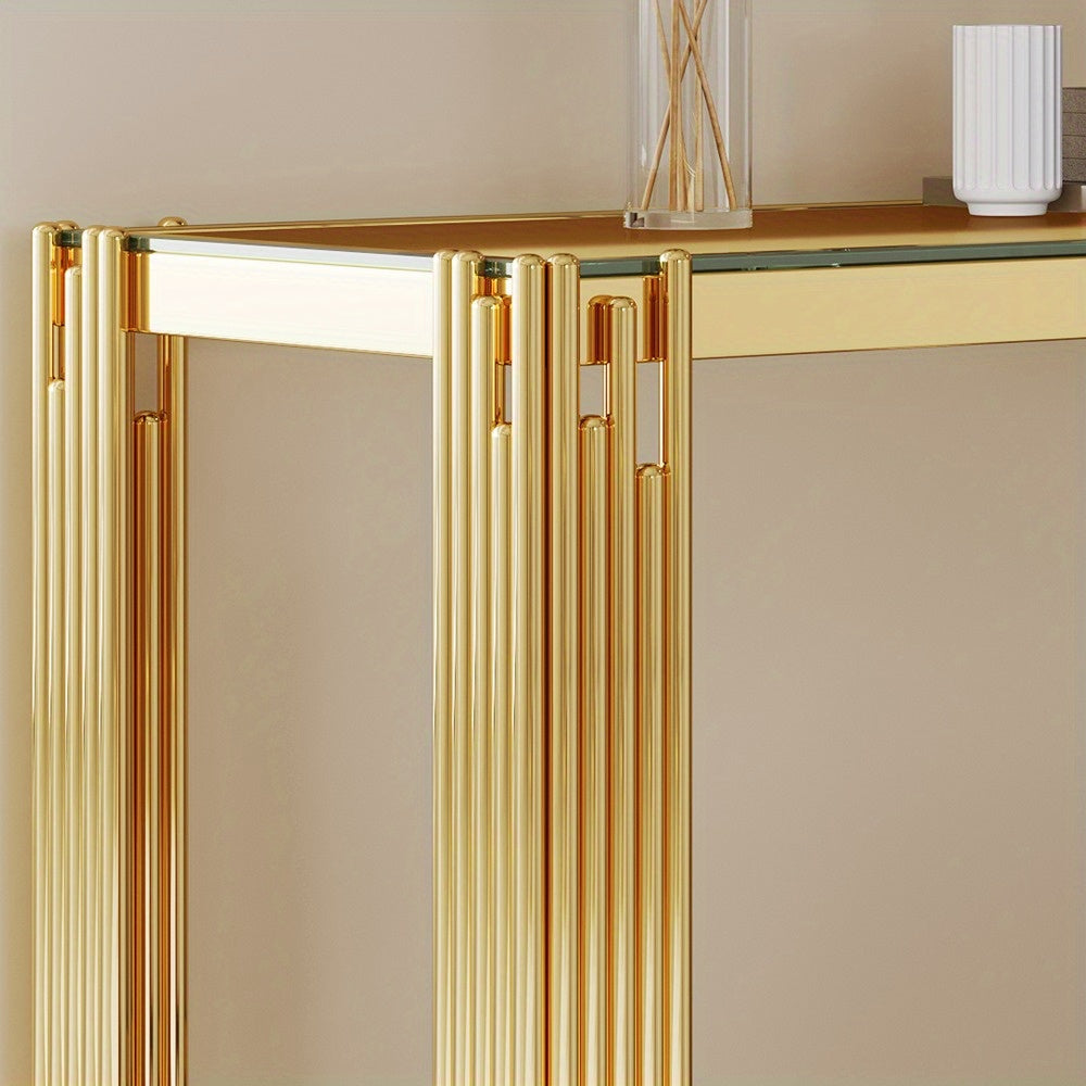 Detail of the console grouped gold-tone rods and upper frame connection