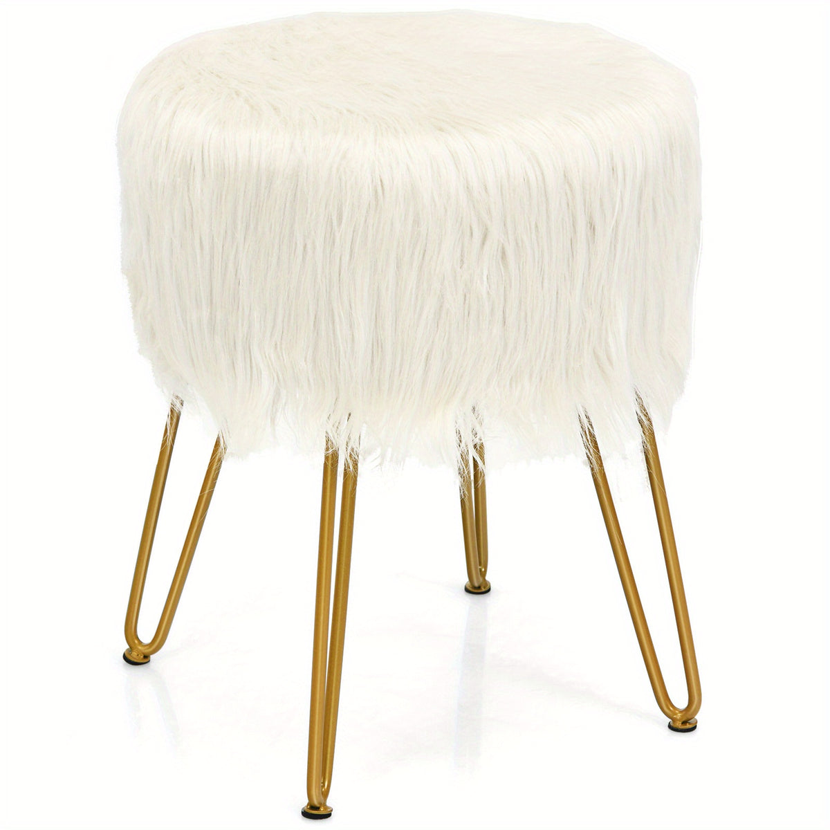 White faux fur vanity stool shown on a white background