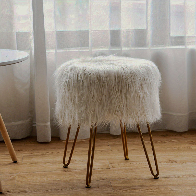 White long-pile faux-fur round vanity stool with gold-tone hairpin legs