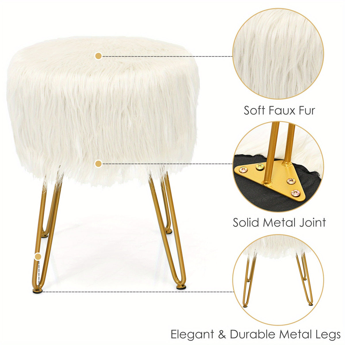 Detail diagram of faux fur upholstery, metal leg joints and hairpin legs