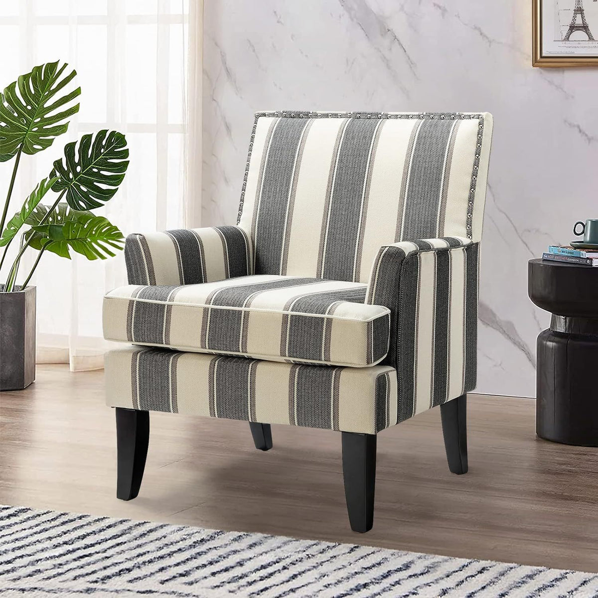 Black-and-cream striped upholstered accent chair