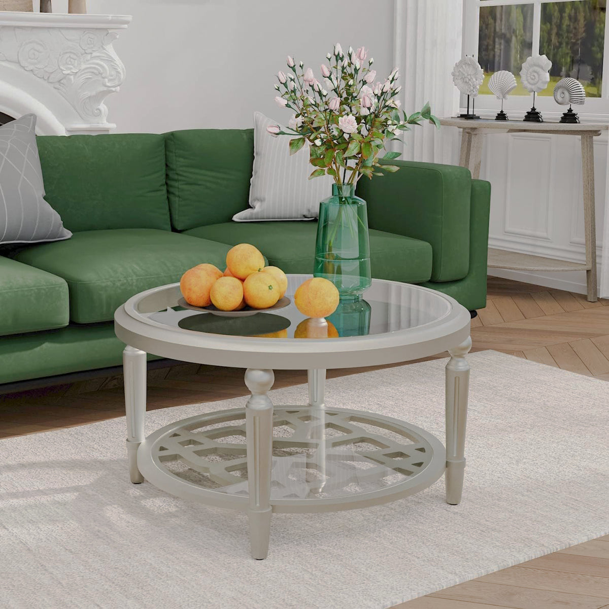 Angled room view of champagne round coffee table
