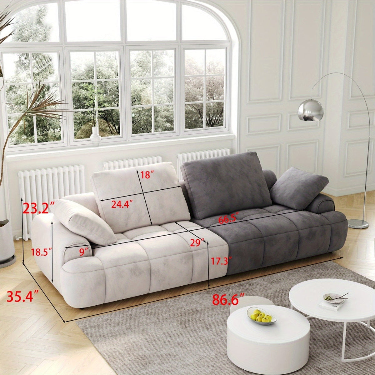 Remy Two-Tone Two-Seat Sofa — dimension diagram showing 86.6-inch width and 35.4-inch depth