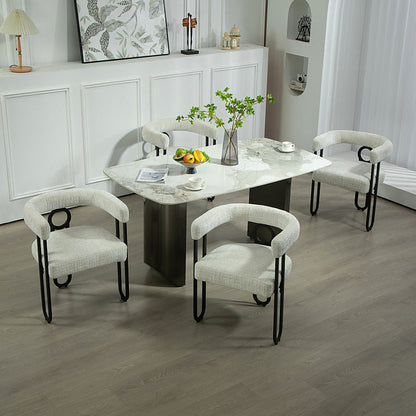 Beige chenille dining chair with a black metal loop frame