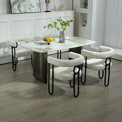Beige chenille dining chair with a black metal loop frame