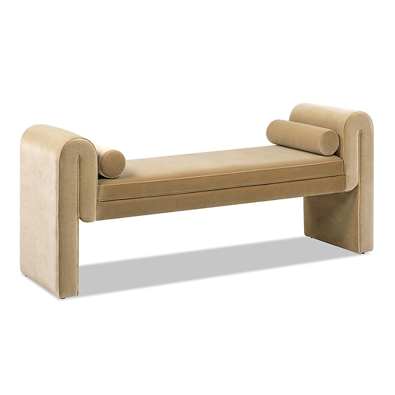 Angled view of the Mason beige bench with tall curved upholstered ends and bolster pillows