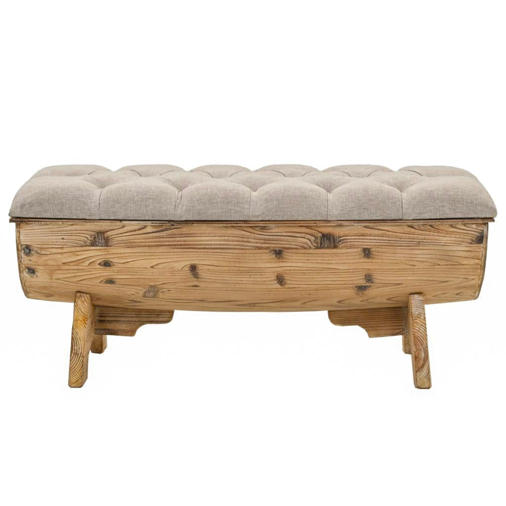 Front view of the rustic wood storage bench with a beige tufted lid and shaped wood supports.