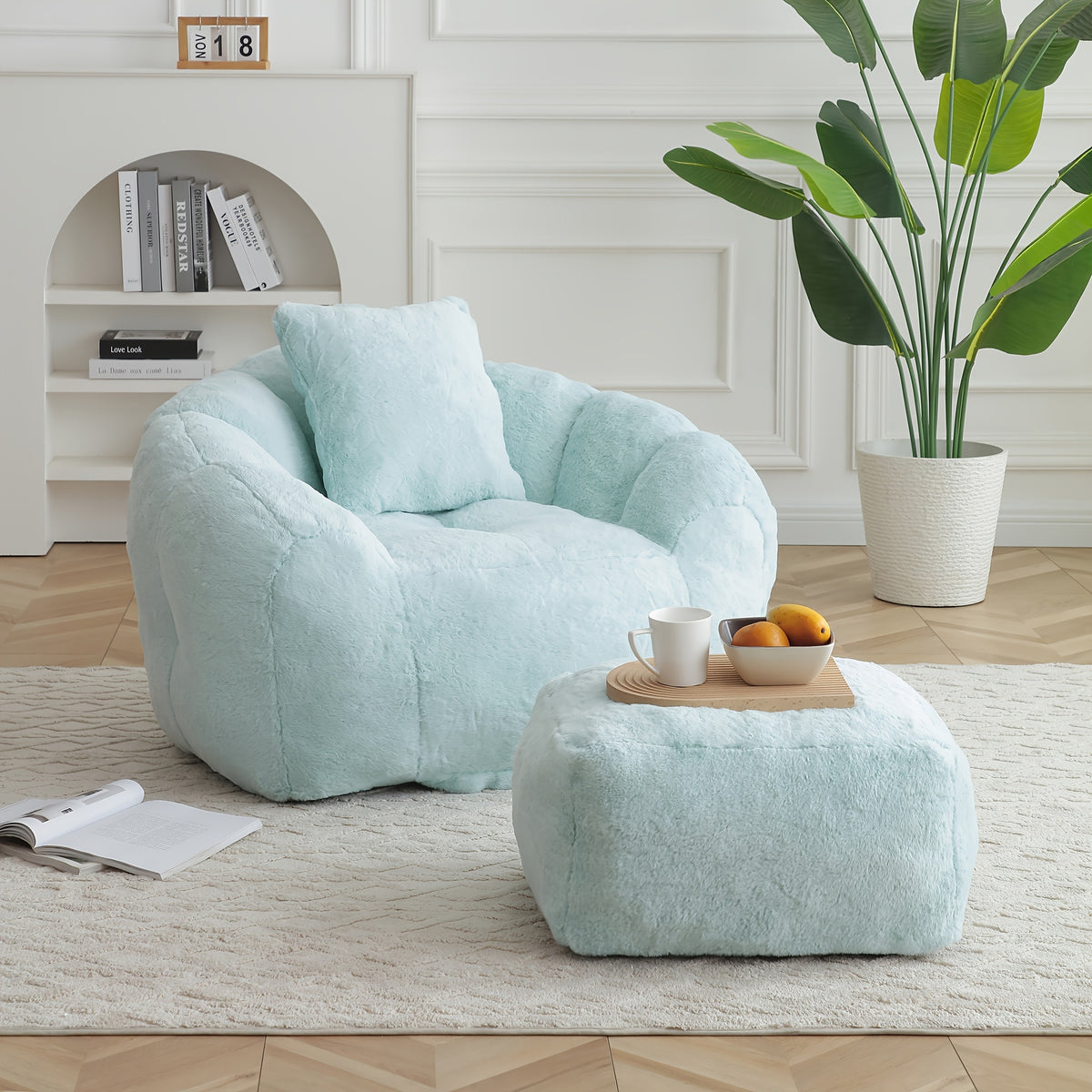 Seashell Faux Fur Lounge Chair with Footrest — blue chair and matching footrest.