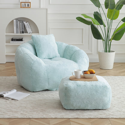 Seashell Faux Fur Lounge Chair with Footrest — blue chair and matching footrest.