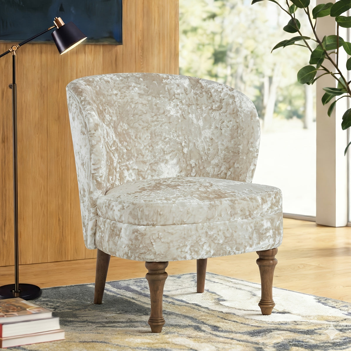 Crushed Velvet Accent Chair with Wood Legs — white chair in a styled room.