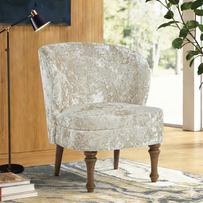 Crushed Velvet Accent Chair with Wood Legs — white chair in a styled room.