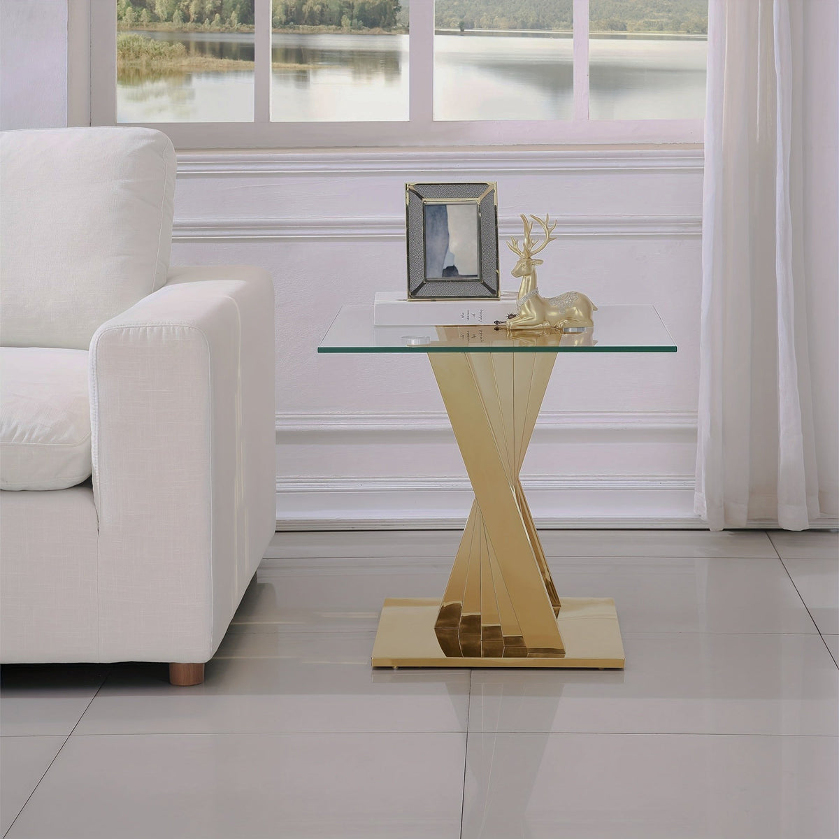 Glass-Top Tables with Twisted Stainless-Steel Bases