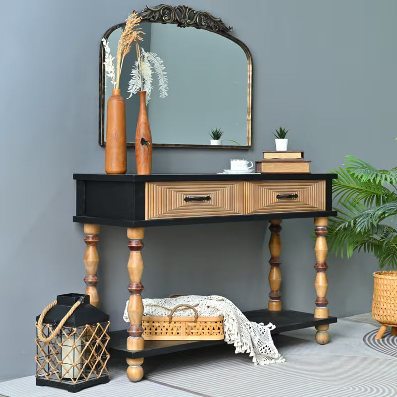 Three-quarter view of the traditional console showing both drawers and lower shelf.