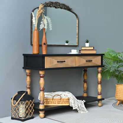 Three-quarter view of the traditional console showing both drawers and lower shelf.