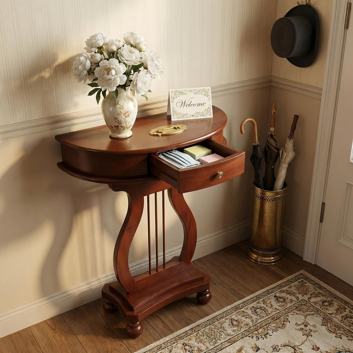 Top view of the semicircular console with its drawer open in an entryway.
