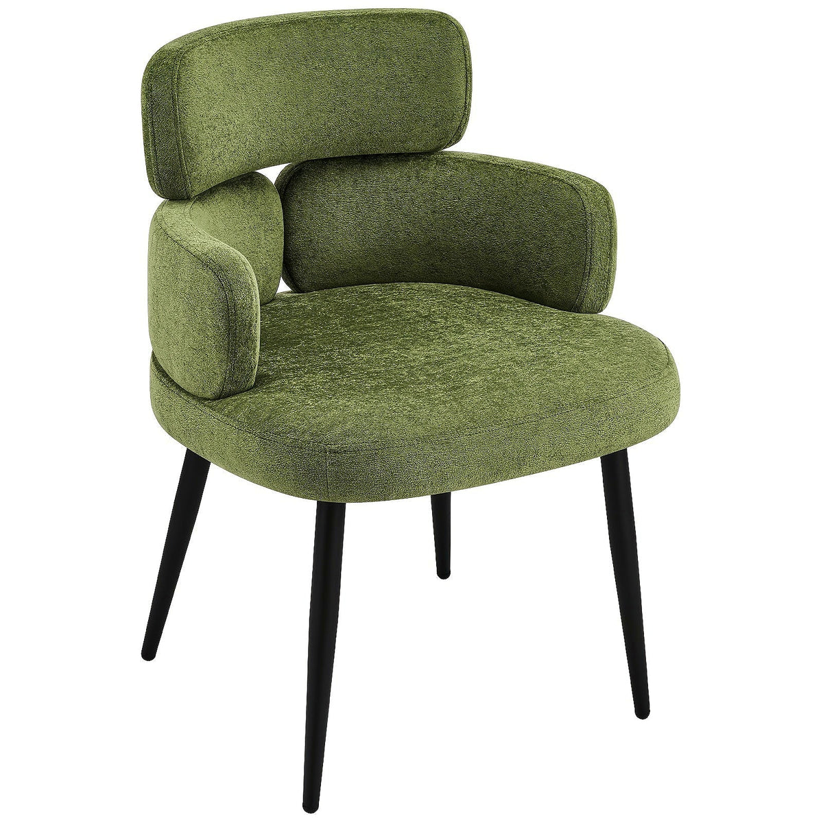 Green chenille accent chair with a segmented padded back and black metal legs