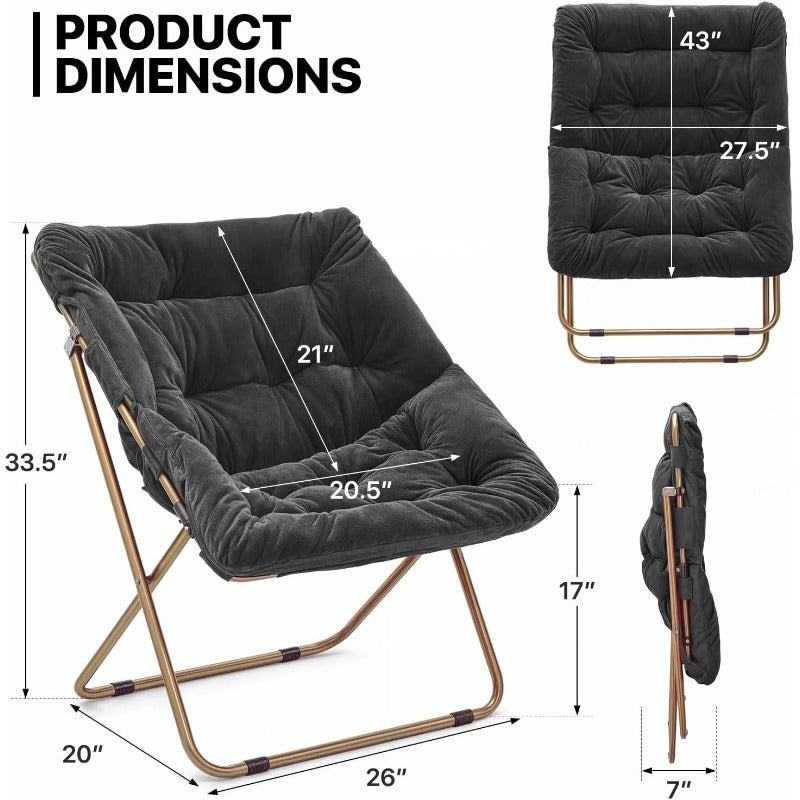 Black folding-chair diagram showing seat dimensions and folded thickness