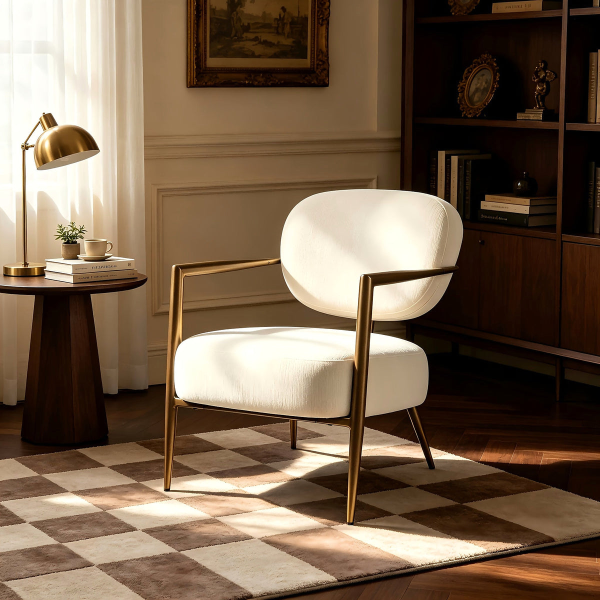 White fabric accent chair with an oval back and gold tone metal frame
