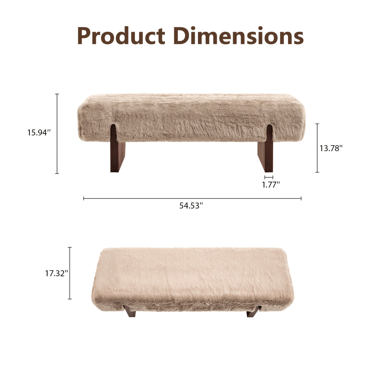 Faux Fur Upholstered Bench with Wood Legs — supplier dimension diagram.