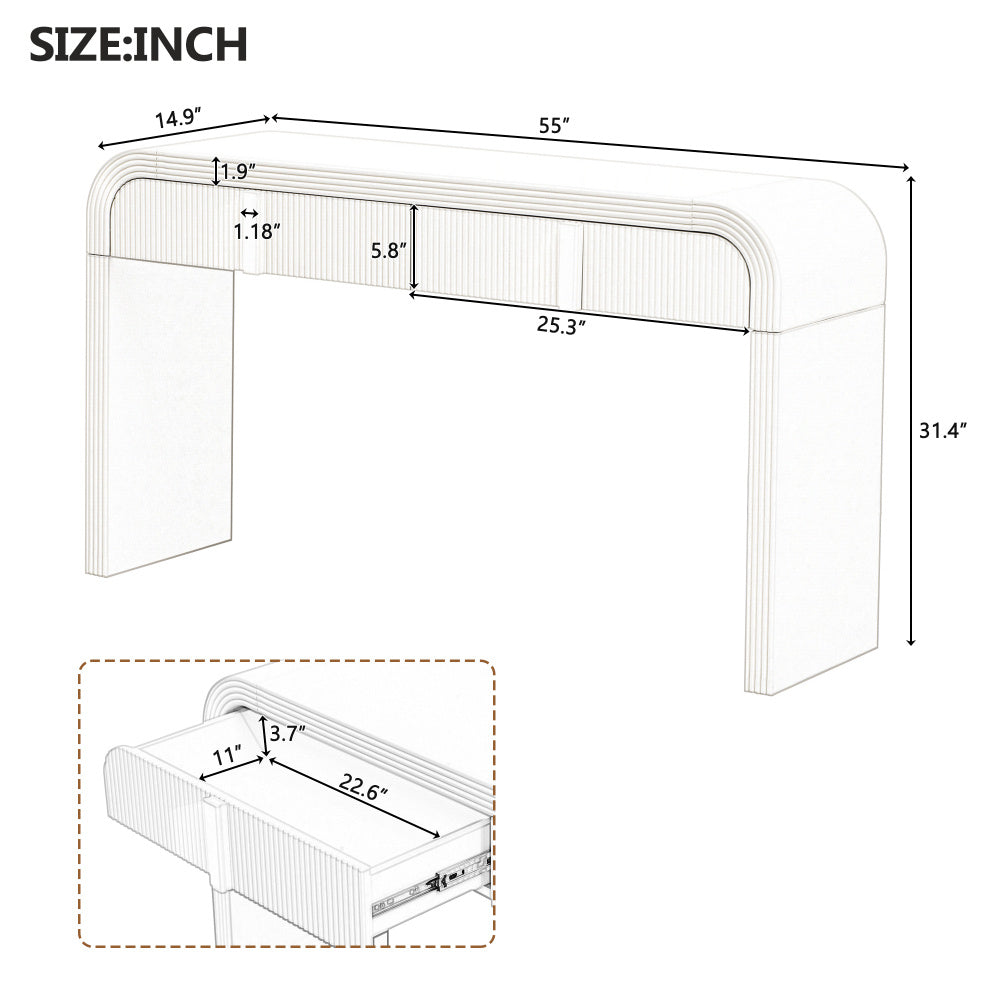 Dimension diagram of the console showing 55-inch width, 14.9-inch depth and 31.4-inch height.