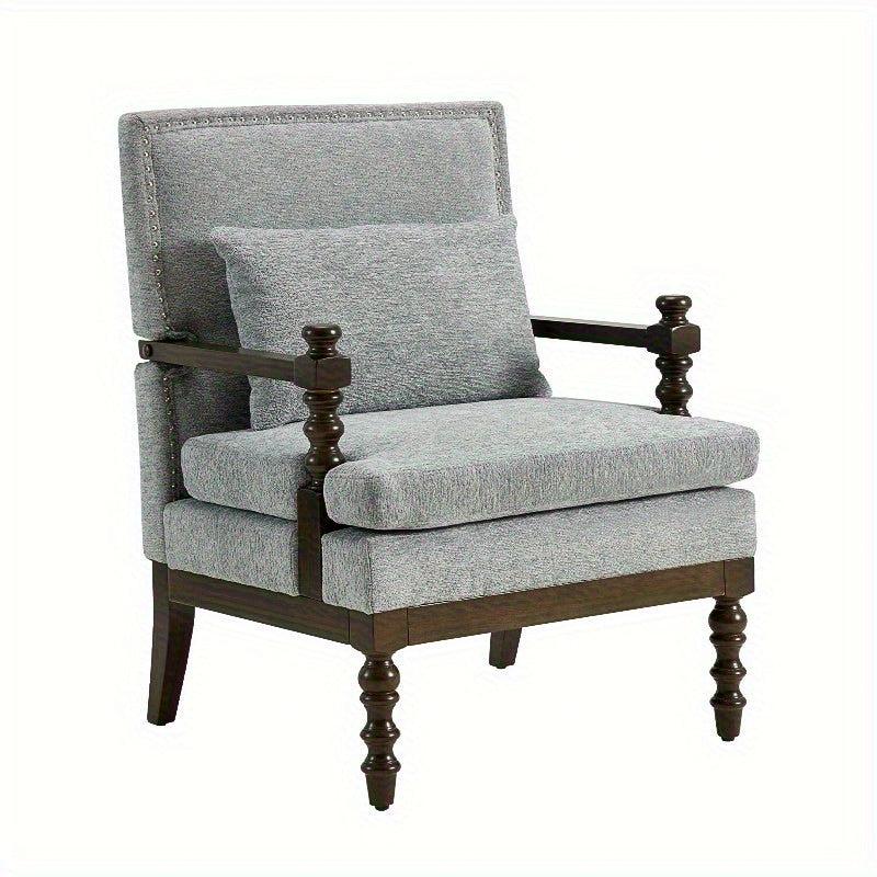 Gray Linen Accent Chair with Lumbar Pillow — full angled view of the gray chair