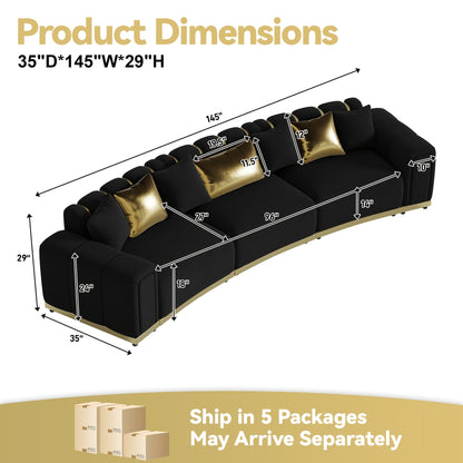 Curved Velvet Sofa with Metal Trim — supplier dimension diagram.