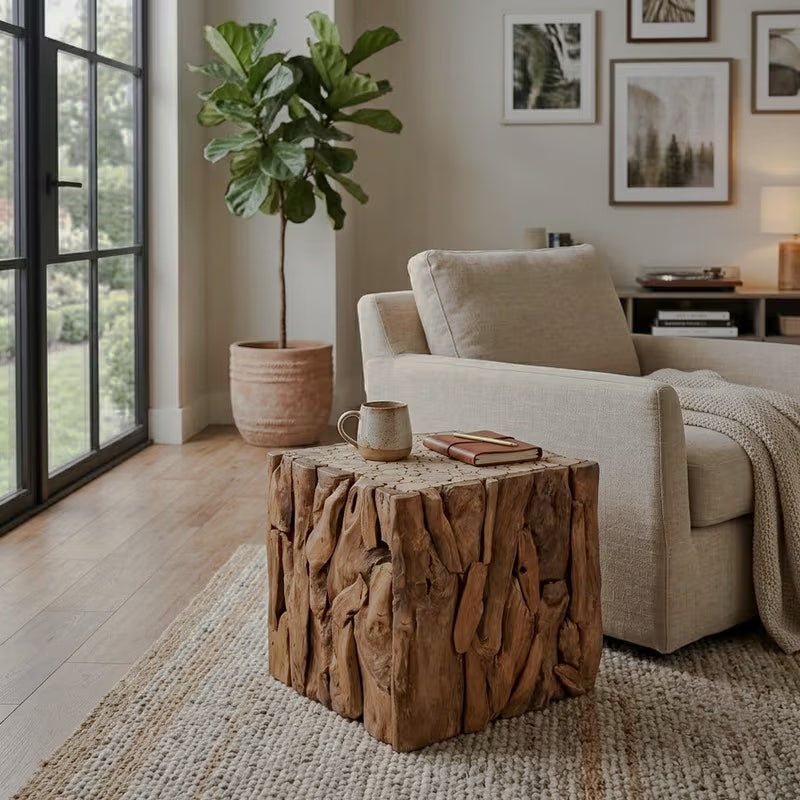 Natural brown root-style cube end table beside a cream armchair
