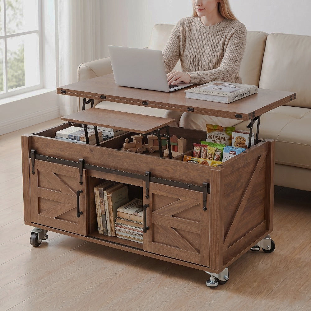 Brown lift-top coffee table opened for laptop use and storage