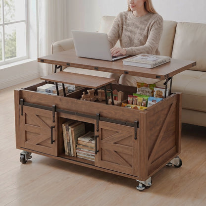 Brown lift-top coffee table opened for laptop use and storage
