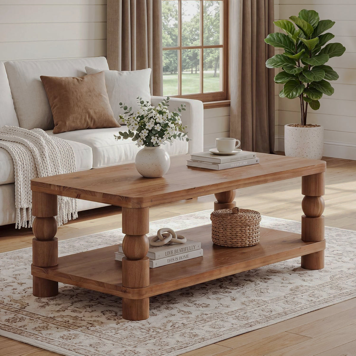 Two-tier wood coffee table in a bright seating area