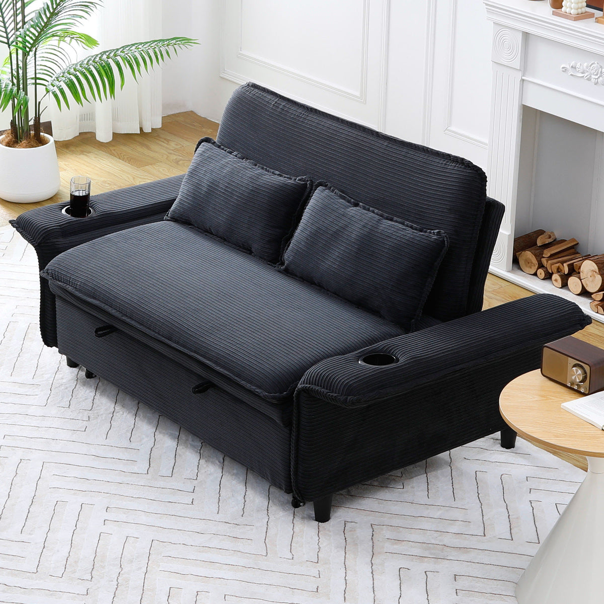 Ribbed Convertible Sleeper Sofa with Cup Holders — angled sofa view with cup holders.